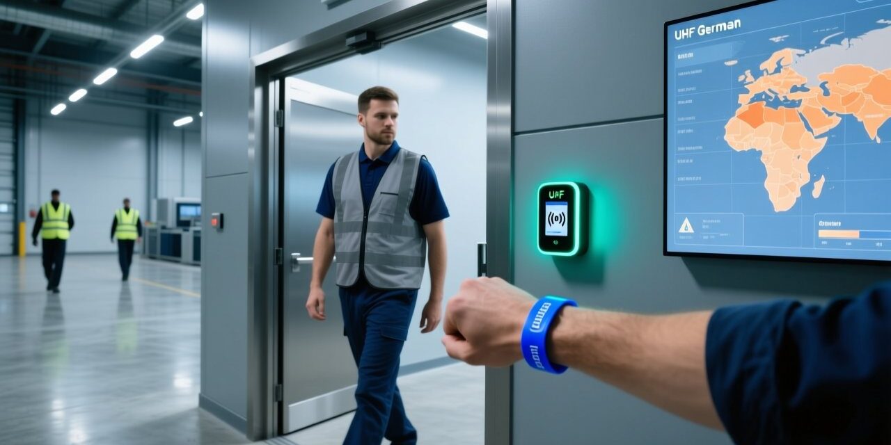 blog-cover-1778729245933 Professional industrial setting showing UHF RFID wristband scanning at factory entrance with embedded reader, digital dashboard, and safety signage