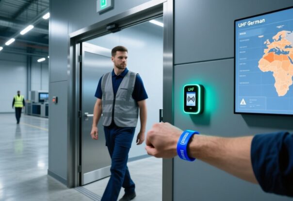 blog-cover-1778729245933 Professional industrial setting showing UHF RFID wristband scanning at factory entrance with embedded reader, digital dashboard, and safety signage