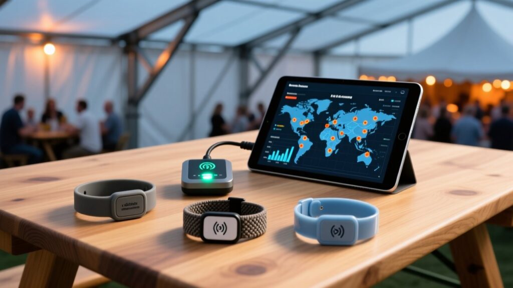 Professional overhead shot of RFID wristbands on a wooden festival table beside NFC reader and digital dashboard showing crowd heat map