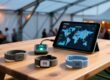 Professional overhead shot of RFID wristbands on a wooden festival table beside NFC reader and digital dashboard showing crowd heat map