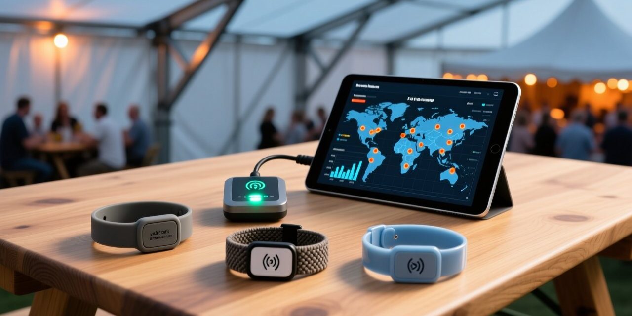 blog-cover-1778729343013 Professional overhead shot of RFID wristbands on a wooden festival table beside NFC reader and digital dashboard showing crowd heat map