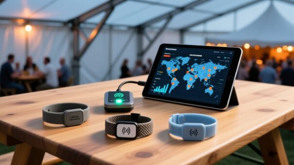 blog-cover-1778729343013 Professional overhead shot of RFID wristbands on a wooden festival table beside NFC reader and digital dashboard showing crowd heat map