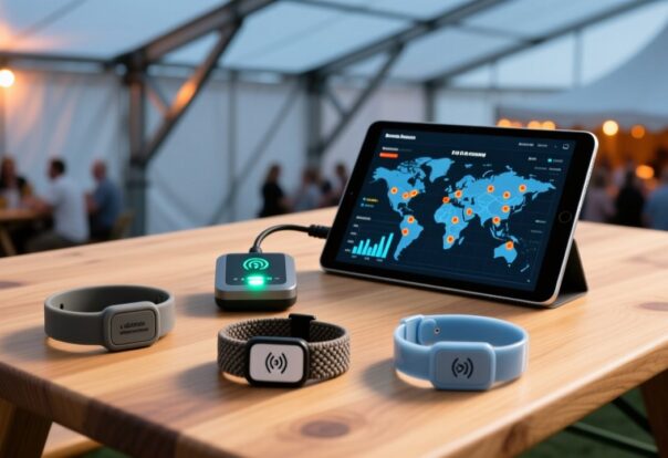 blog-cover-1778729343013 Professional overhead shot of RFID wristbands on a wooden festival table beside NFC reader and digital dashboard showing crowd heat map