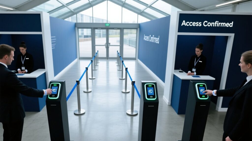 Professional overhead shot of NFC wristbands being scanned at a modern UK event entrance with streamlined queue lanes and digital signage