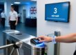 Professional overhead shot of NFC wristband being tapped on a sleek desktop reader at a modern UK event venue entrance