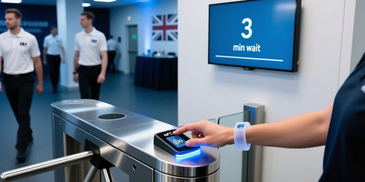 Professional overhead shot of NFC wristband being tapped on a sleek desktop reader at a modern UK event venue entrance