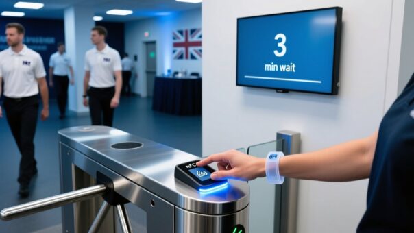 Professional overhead shot of NFC wristband being tapped on a sleek desktop reader at a modern UK event venue entrance