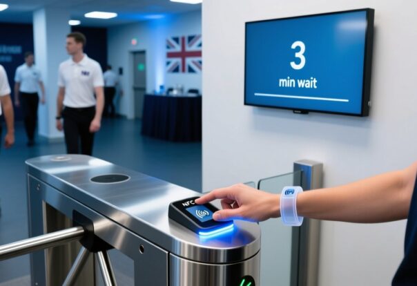 blog-cover-1778735439743 Professional overhead shot of NFC wristband being tapped on a sleek desktop reader at a modern UK event venue entrance
