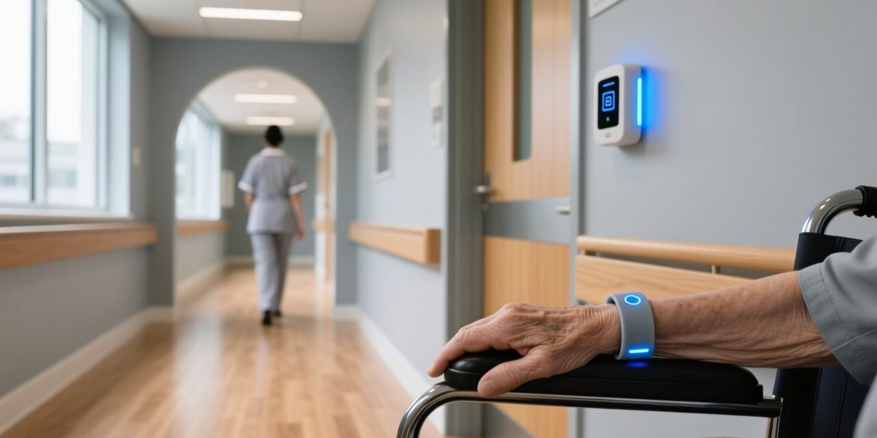 blog-cover-1778735524345 Professional healthcare setting with RFID wristband on elderly wrist, fixed RFID reader mounted at doorway, clean blue-gray interior lighting