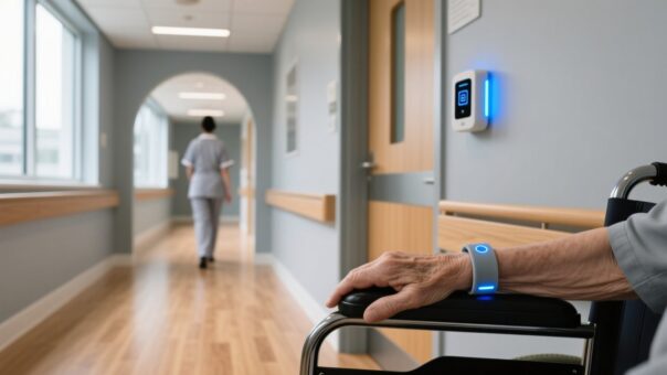 blog-cover-1778735524345 Professional healthcare setting with RFID wristband on elderly wrist, fixed RFID reader mounted at doorway, clean blue-gray interior lighting