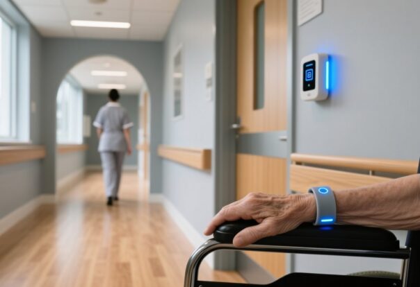 blog-cover-1778735524345 Professional healthcare setting with RFID wristband on elderly wrist, fixed RFID reader mounted at doorway, clean blue-gray interior lighting