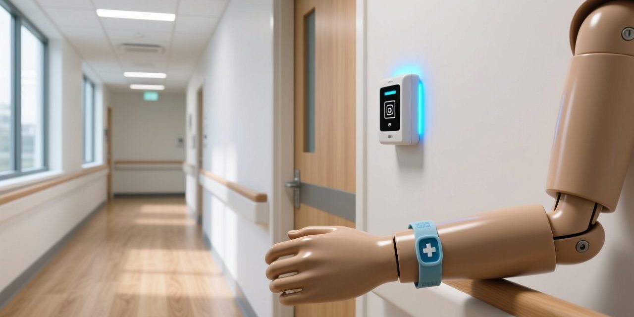 blog-cover-1778735654384 Professional interior of UK care home corridor with discreet RFID reader module mounted above doorway and RFID wristband on mannequin wrist
