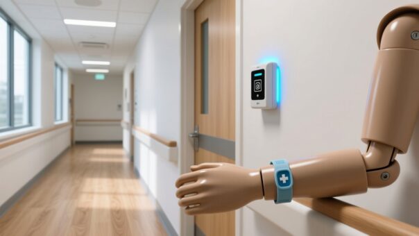blog-cover-1778735654384 Professional interior of UK care home corridor with discreet RFID reader module mounted above doorway and RFID wristband on mannequin wrist
