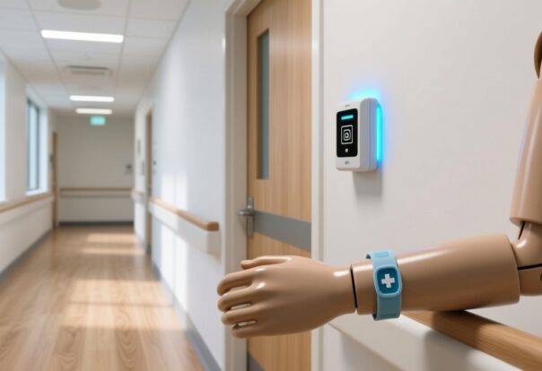 blog-cover-1778735654384 Professional interior of UK care home corridor with discreet RFID reader module mounted above doorway and RFID wristband on mannequin wrist