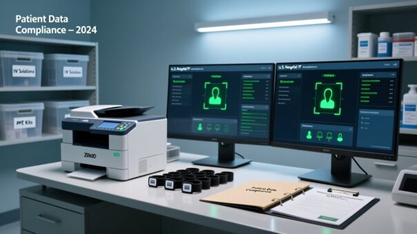 Professional overhead shot of RFID wristbands, Zebra printer, HIPAA-compliant medical documentation, and digital patient ID dashboard in a clean hospital IT environment