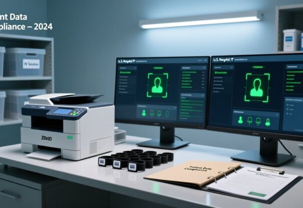 blog-cover-1778735736807 Professional overhead shot of RFID wristbands, Zebra printer, HIPAA-compliant medical documentation, and digital patient ID dashboard in a clean hospital IT environment