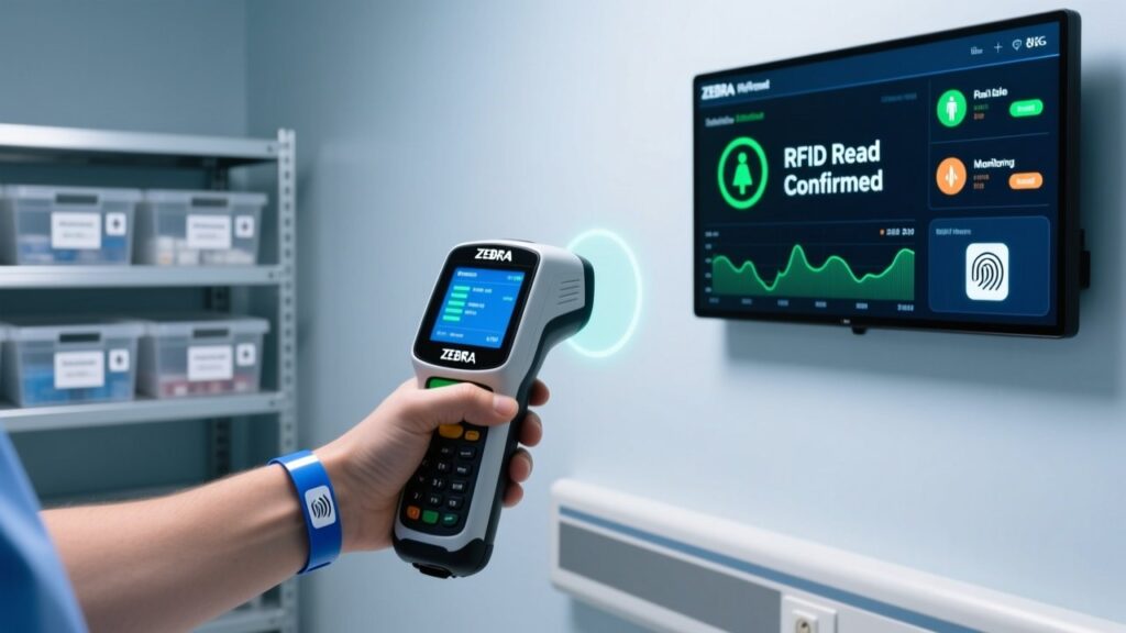 Professional close-up of RFID patient wristband on hospital wrist with handheld RFID scanner and digital dashboard interface