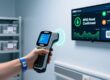 Professional close-up of RFID patient wristband on hospital wrist with handheld RFID scanner and digital dashboard interface