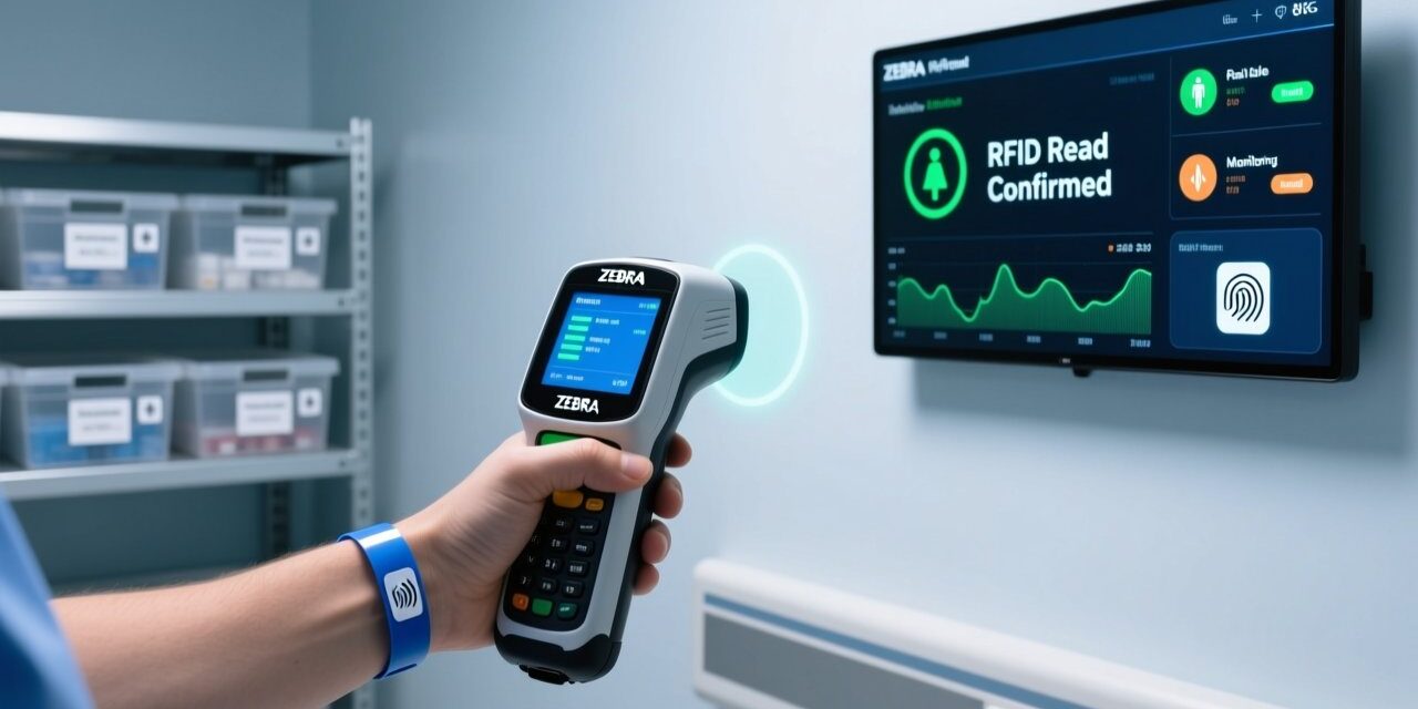 Professional close-up of RFID patient wristband on hospital wrist with handheld RFID scanner and digital dashboard interface