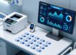 Professional overhead shot of RFID patient wristbands arranged beside a Zebra thermal printer, RFID reader module, and digital hospital dashboard interface