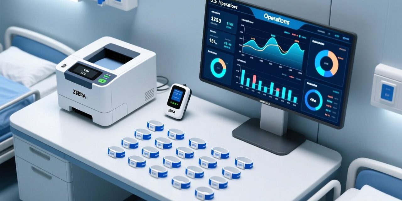 blog-cover-1778736019856 Professional overhead shot of RFID patient wristbands arranged beside a Zebra thermal printer, RFID reader module, and digital hospital dashboard interface