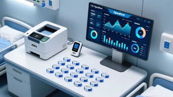 blog-cover-1778736019856 Professional overhead shot of RFID patient wristbands arranged beside a Zebra thermal printer, RFID reader module, and digital hospital dashboard interface