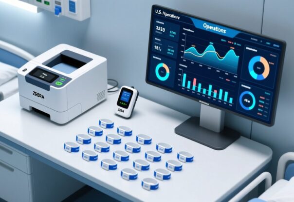 blog-cover-1778736019856 Professional overhead shot of RFID patient wristbands arranged beside a Zebra thermal printer, RFID reader module, and digital hospital dashboard interface