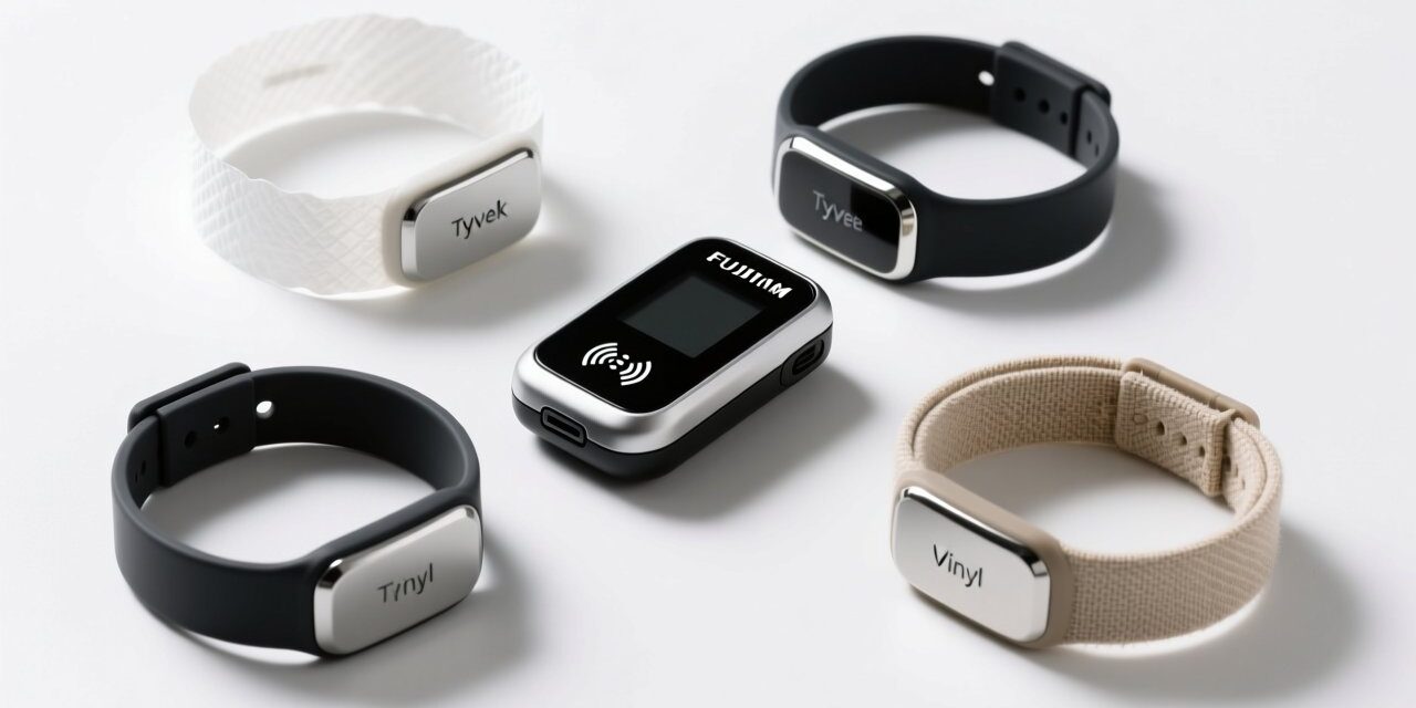 Comparison of Tyvek, silicone, vinyl and fabric RFID wristbands on clean white surface with RFID reader background