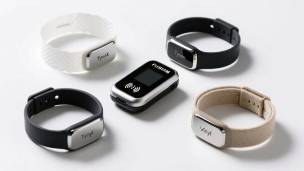 Comparison of Tyvek, silicone, vinyl and fabric RFID wristbands on clean white surface with RFID reader background