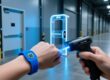 Comparison of RFID wristband frequencies LF, HF, UHF, and NFC with chip examples and range indicators