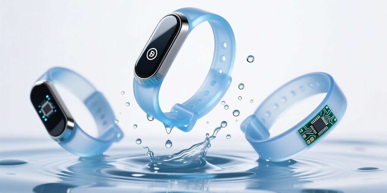 Waterproof RFID silicone wristbands submerged in water with splashes, corporate tech comparison image