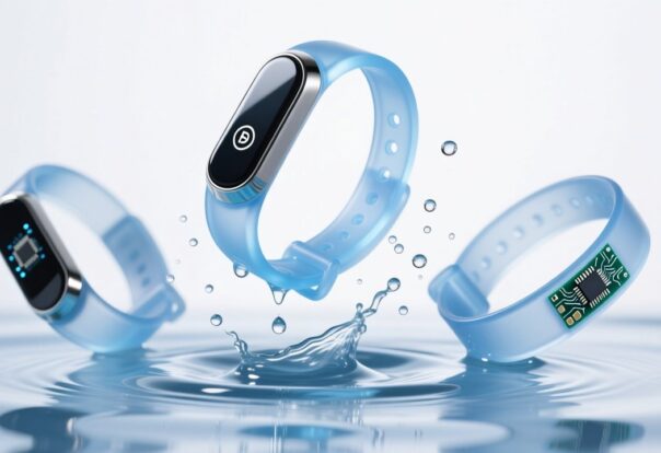 Waterproof RFID silicone wristbands submerged in water with splashes, corporate tech comparison image