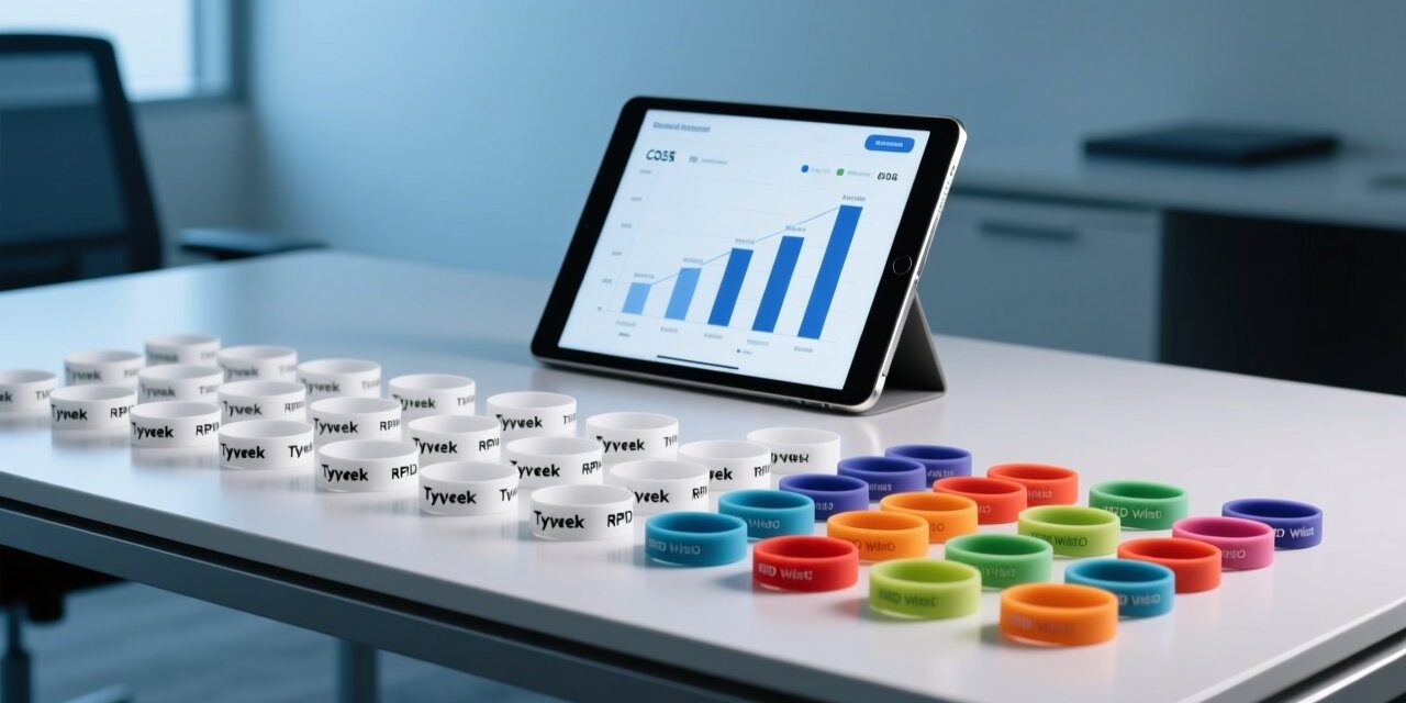 blog-cover-1782268739976 Tyvek and silicone RFID wristbands side by side on a table with cost analysis chart behind, professional event planning concept