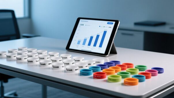 blog-cover-1782268739976 Tyvek and silicone RFID wristbands side by side on a table with cost analysis chart behind, professional event planning concept