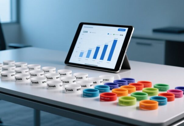 Tyvek and silicone RFID wristbands side by side on a table with cost analysis chart behind, professional event planning concept