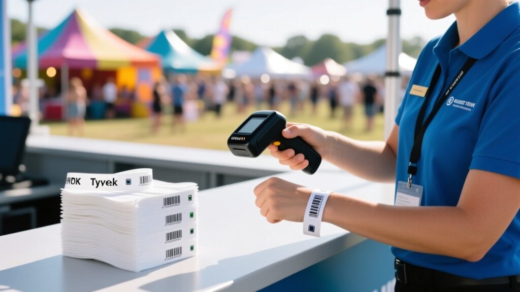 Roll of white RFID Tyvek wristbands with black printed QR codes and RFID chips, event access control concept