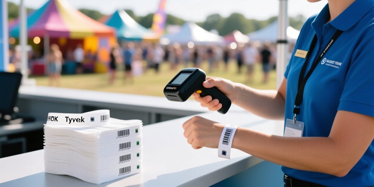 Roll of white RFID Tyvek wristbands with black printed QR codes and RFID chips, event access control concept