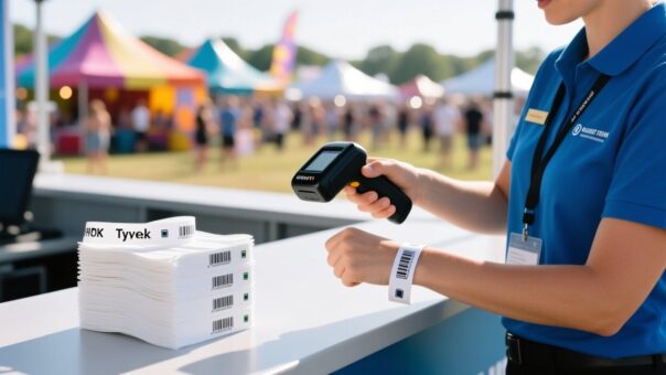 Roll of white RFID Tyvek wristbands with black printed QR codes and RFID chips, event access control concept