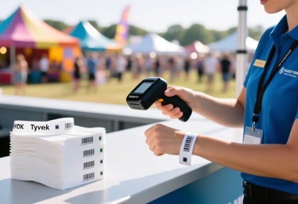 Roll of white RFID Tyvek wristbands with black printed QR codes and RFID chips, event access control concept