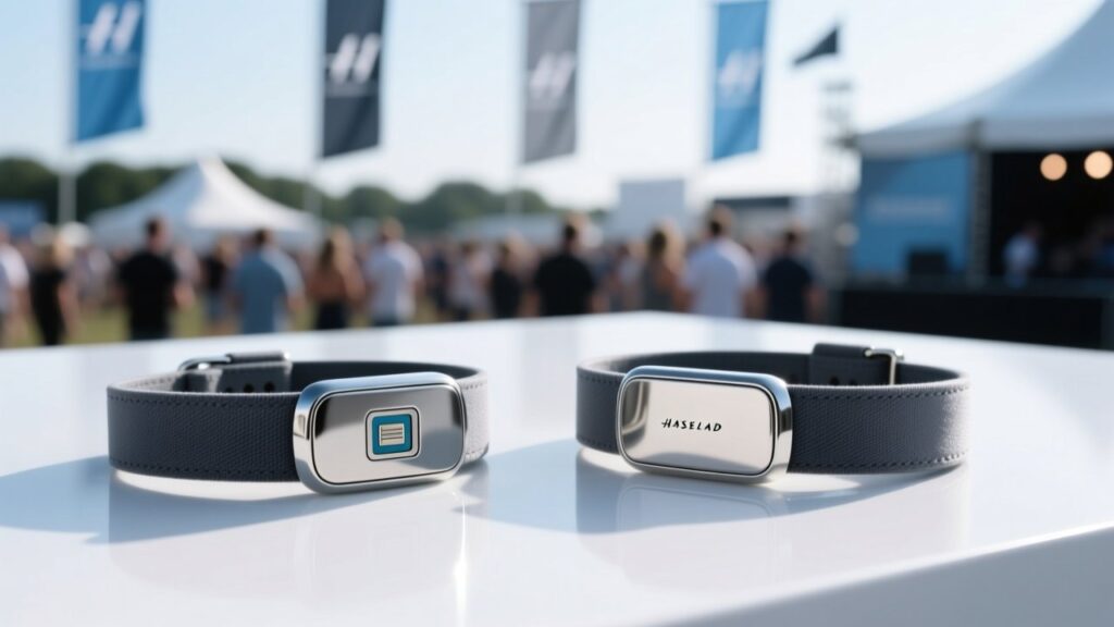 Fabric RFID wristbands for multi-day festivals, showing woven material, RFID module, and custom printing