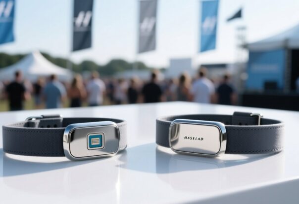 Fabric RFID wristbands for multi-day festivals, showing woven material, RFID module, and custom printing