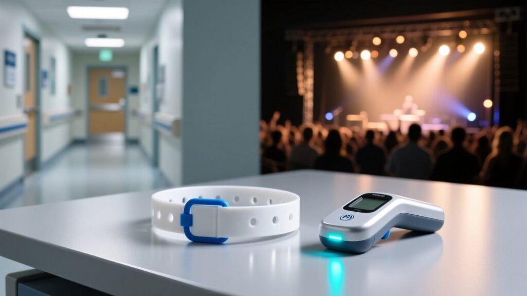 Waterproof PVC RFID wristbands with tamper-evident closure and customizable logo, used for hospital patient ID and event access control