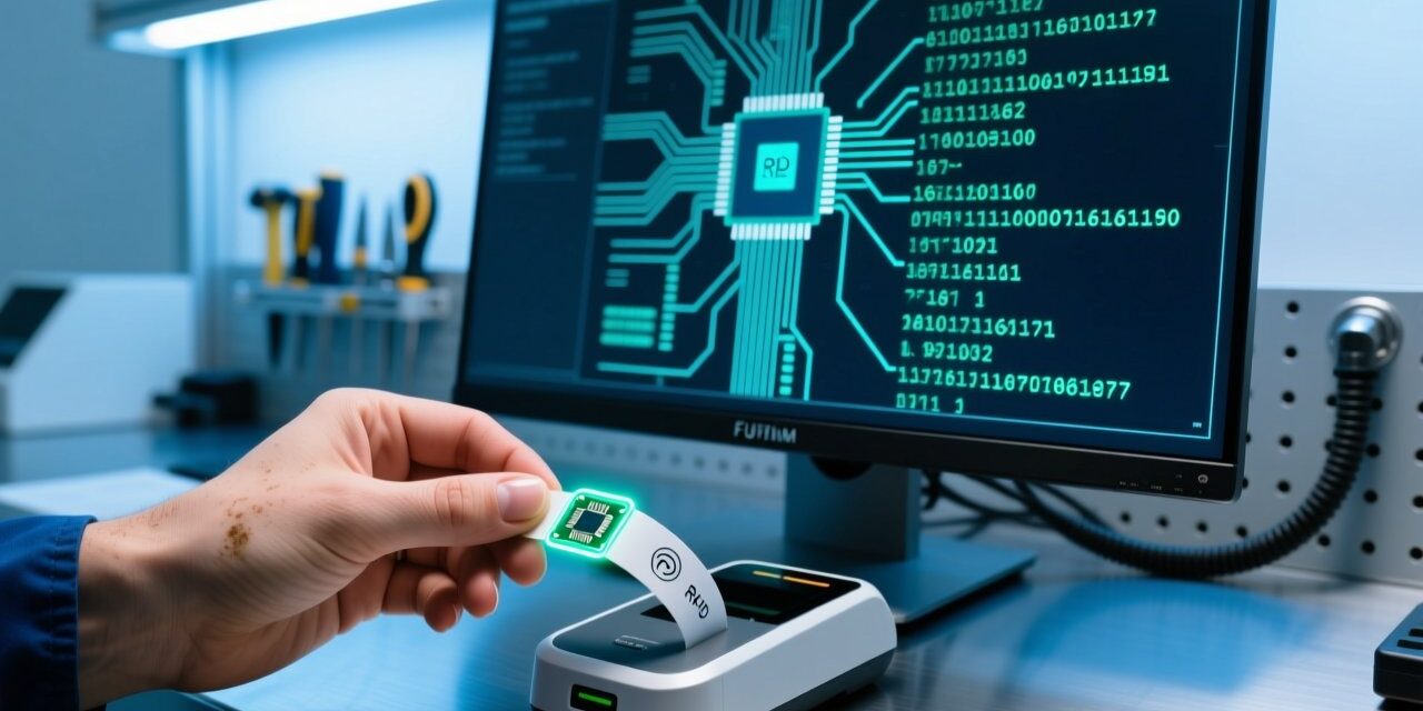 blog-cover-1782269188463 Close-up of engineer encoding RFID wristband chips with programming device, showing memory layout on screen, professional technical workspace