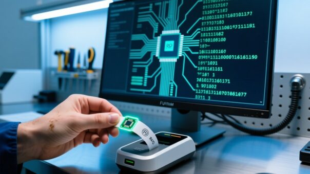 blog-cover-1782269188463 Close-up of engineer encoding RFID wristband chips with programming device, showing memory layout on screen, professional technical workspace