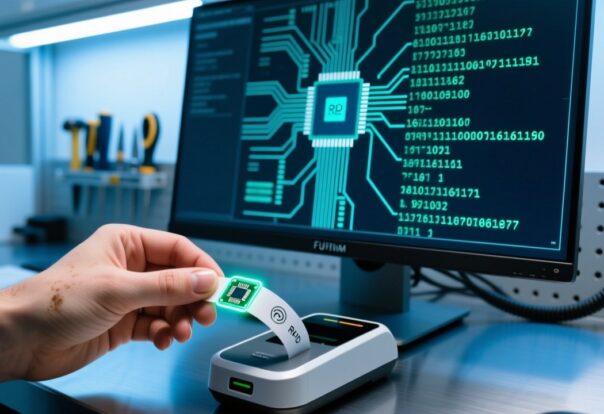Close-up of engineer encoding RFID wristband chips with programming device, showing memory layout on screen, professional technical workspace