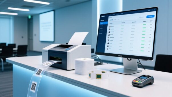 Thermal paper RFID wristbands being printed and encoded on-site at an event registration desk