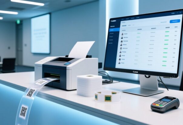 Thermal paper RFID wristbands being printed and encoded on-site at an event registration desk
