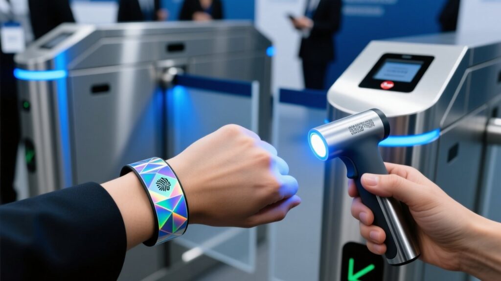 RFID wristband with holographic overlay, UV light revealing hidden security print, tamper-evident snap closure, and encrypted chip for event fraud prevention.