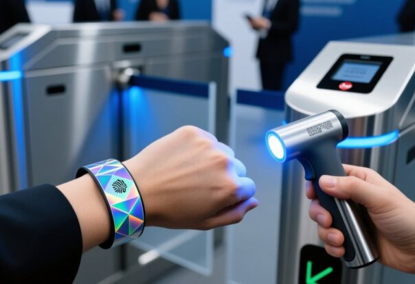 RFID wristband with holographic overlay, UV light revealing hidden security print, tamper-evident snap closure, and encrypted chip for event fraud prevention.