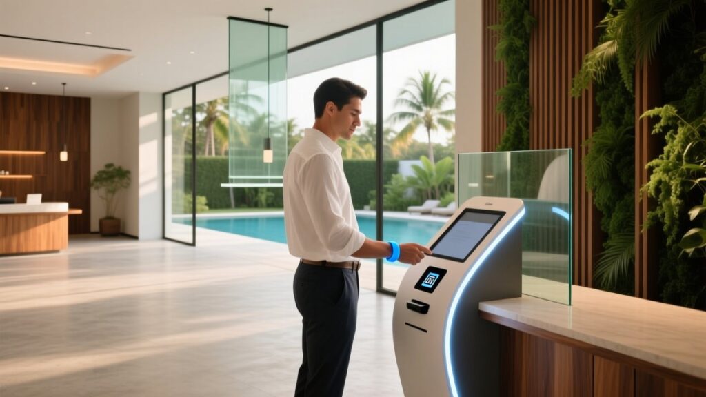 Hotel resort guest using RFID wristband for cost-saving access and payment